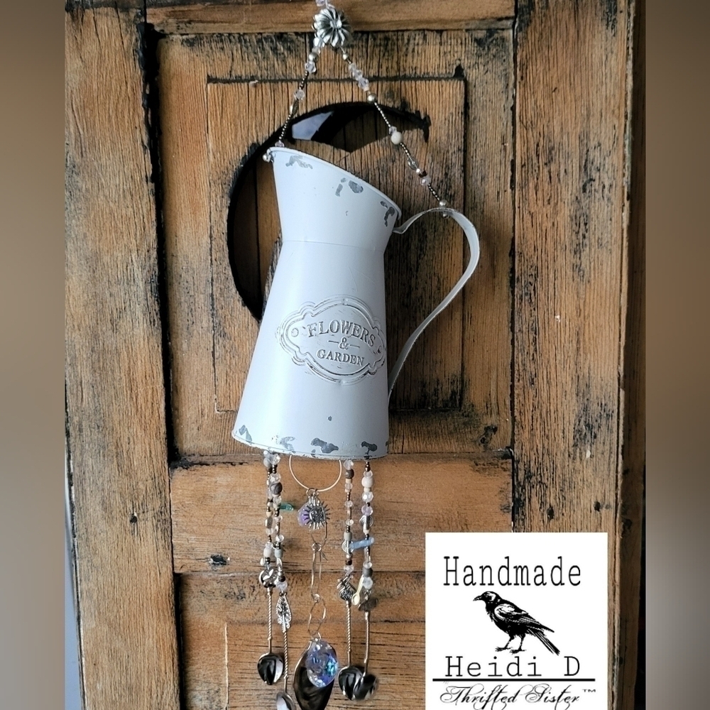 Sun Sweeper - White Tin Vase W spoons, glass Beads Hand Crafted